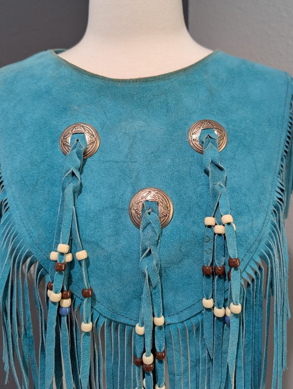 Vintage Steer Brand Teal Suede Fringe Cape with Conchos - Boho Western Statement - Picture 5 of 16